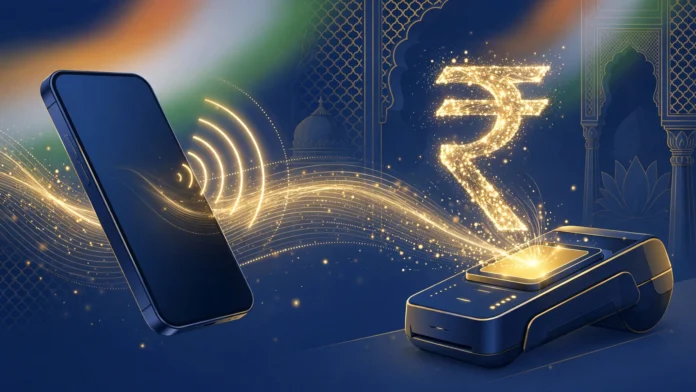Apple Pay India launch: illustration of a smartphone making a contactless payment in India with a glowing rupee symbol